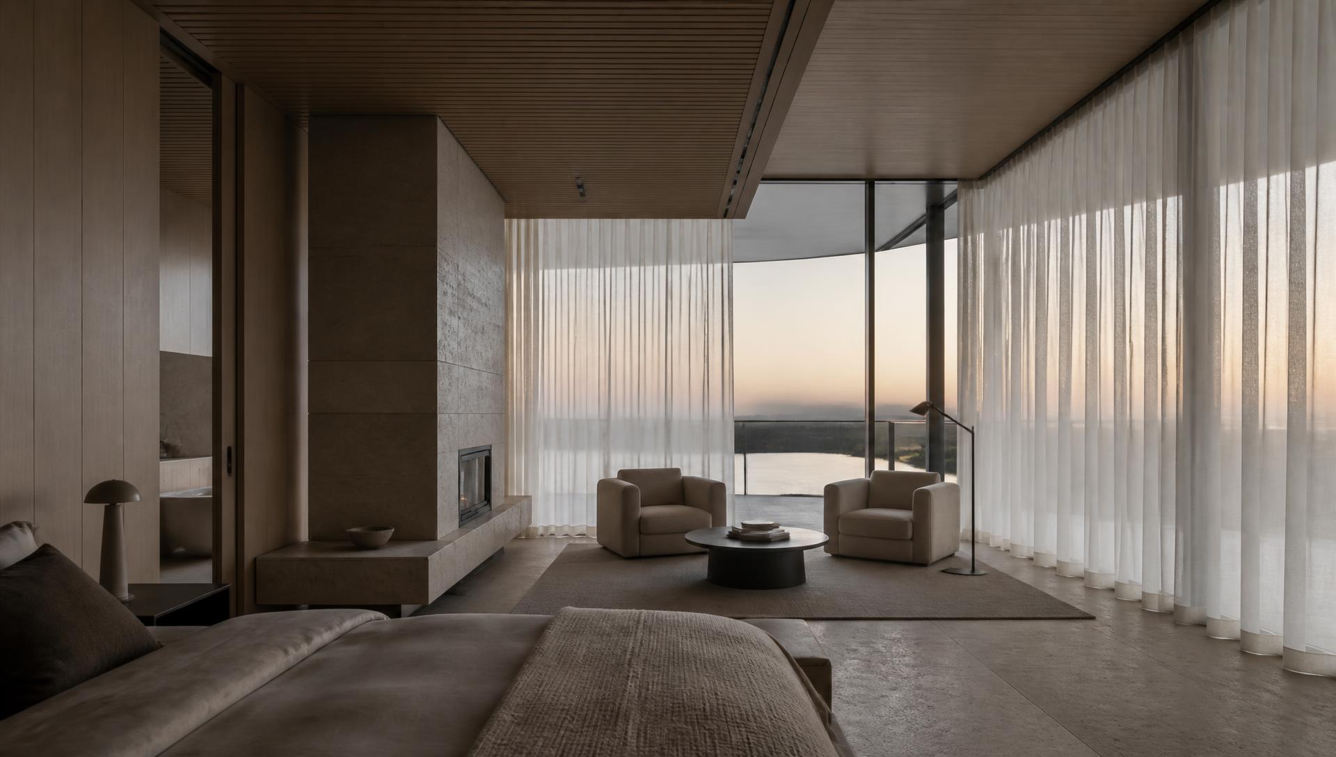 Hotel suite with floor-to-ceiling sheer curtains filtering daylight